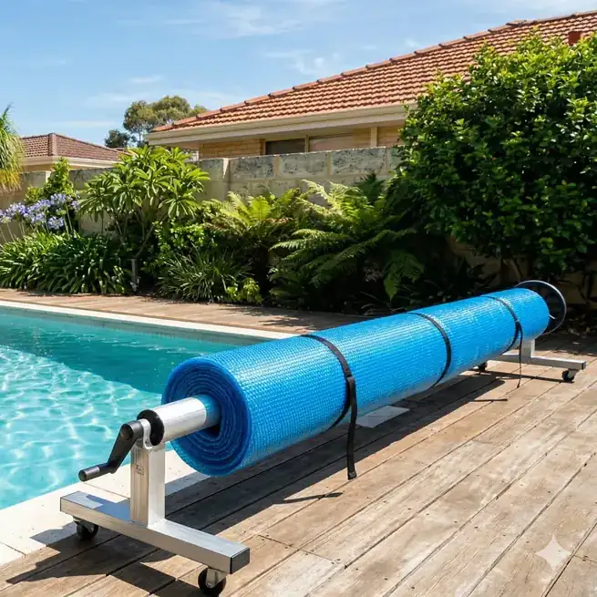 Solar pool cover on a mobile roller beside a backyard swimming pool in Perth