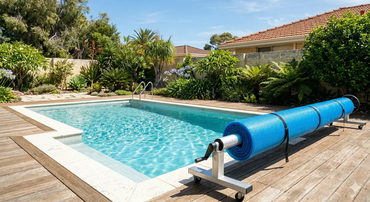 Solar pool cover on a mobile roller beside a backyard swimming pool in Perth